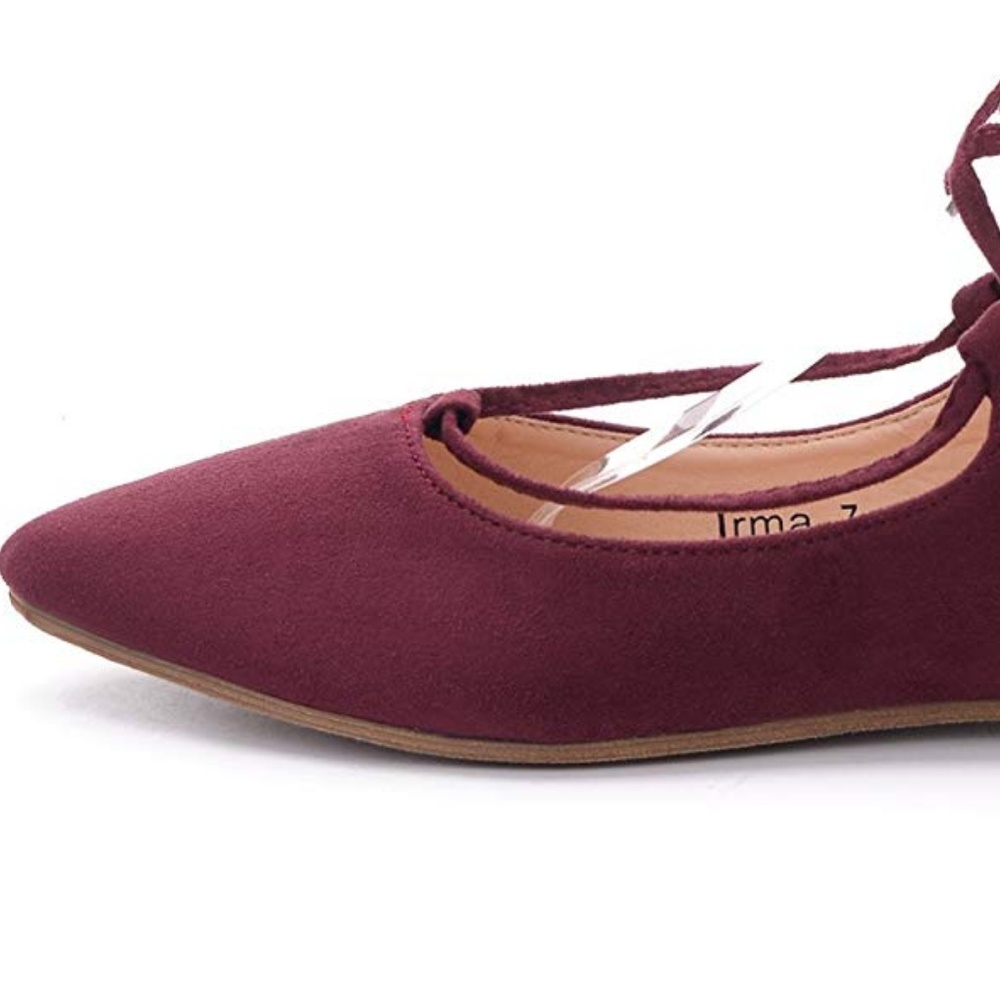 IRMA Maroon Lace Up Pointy Toe Flats - Picture 4 of 5